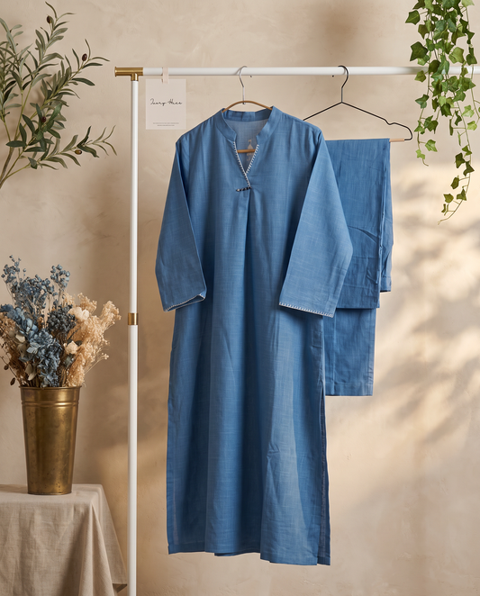 Meher Aabha — blue slub cotton co-ord set with flamingo embroidery — Ivory Hues, Indian ethnic wear Singapore