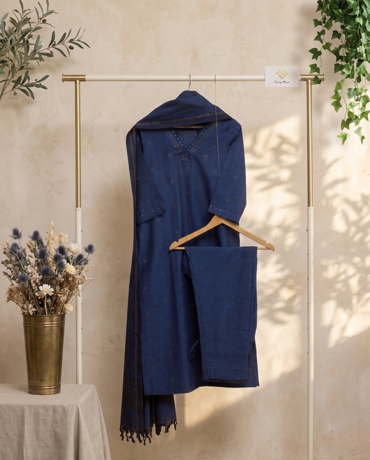 Anokhi Bunavat — lapis blue handloom cotton suit with woven butta prints — Ivory Hues, Indian ethnic wear Singapore