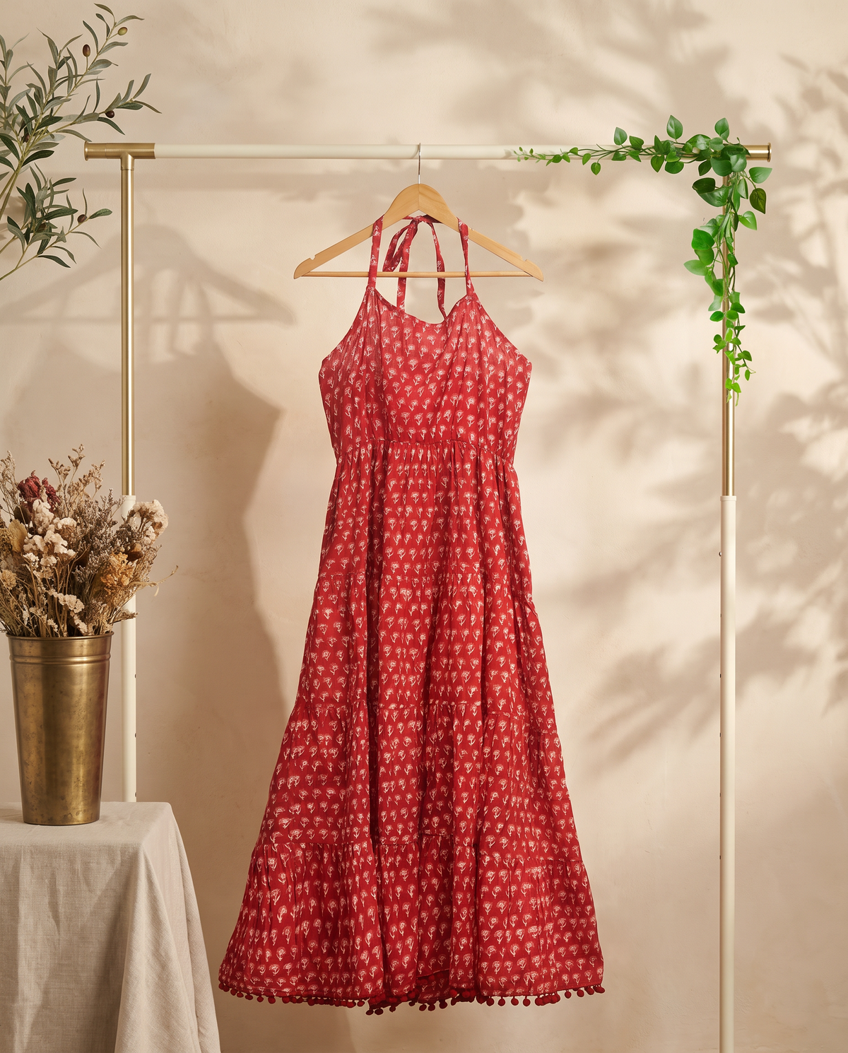 Leher Aira — ruby red dress with floral hand block print and pom-pom hem — Ivory Hues, Indian ethnic wear Singapore