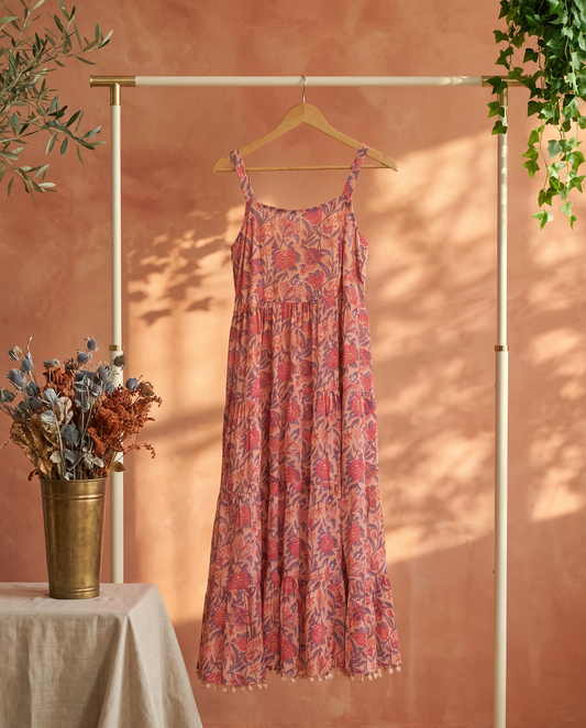 Leher Gul — peach dress with coral floral hand block print and pom-poms — Ivory Hues, Indian ethnic wear Singapore
