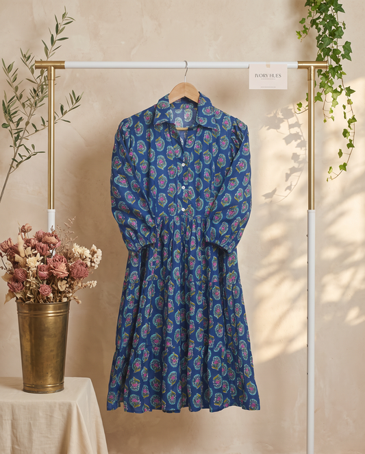 Leher Rang — peacock blue shirt dress with contrast hand block print — Ivory Hues, Indian ethnic wear Singapore