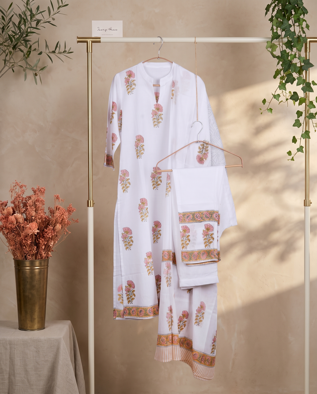 Malhar Roohani — white mulmul suit with handblock print — Ivory Hues, Indian ethnic wear Singapore