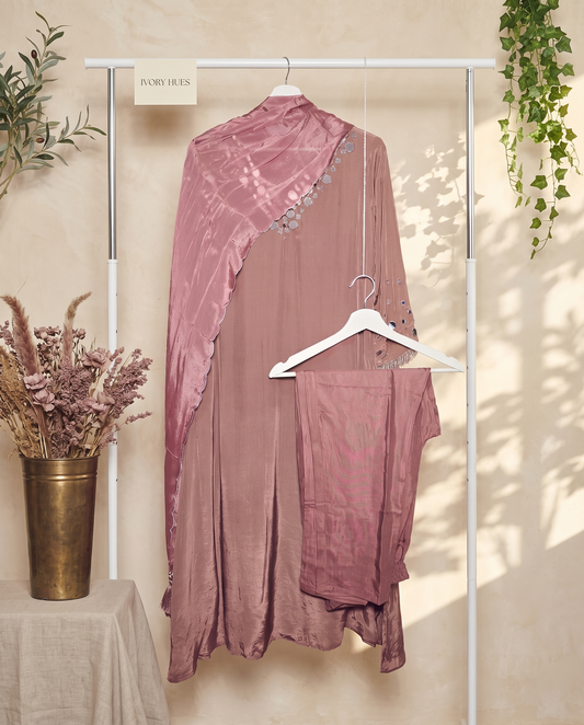 Noor Haseen — dusty mauve crepe suit with mirror work and beaded tassels — Ivory Hues, Indian ethnic wear Singapore