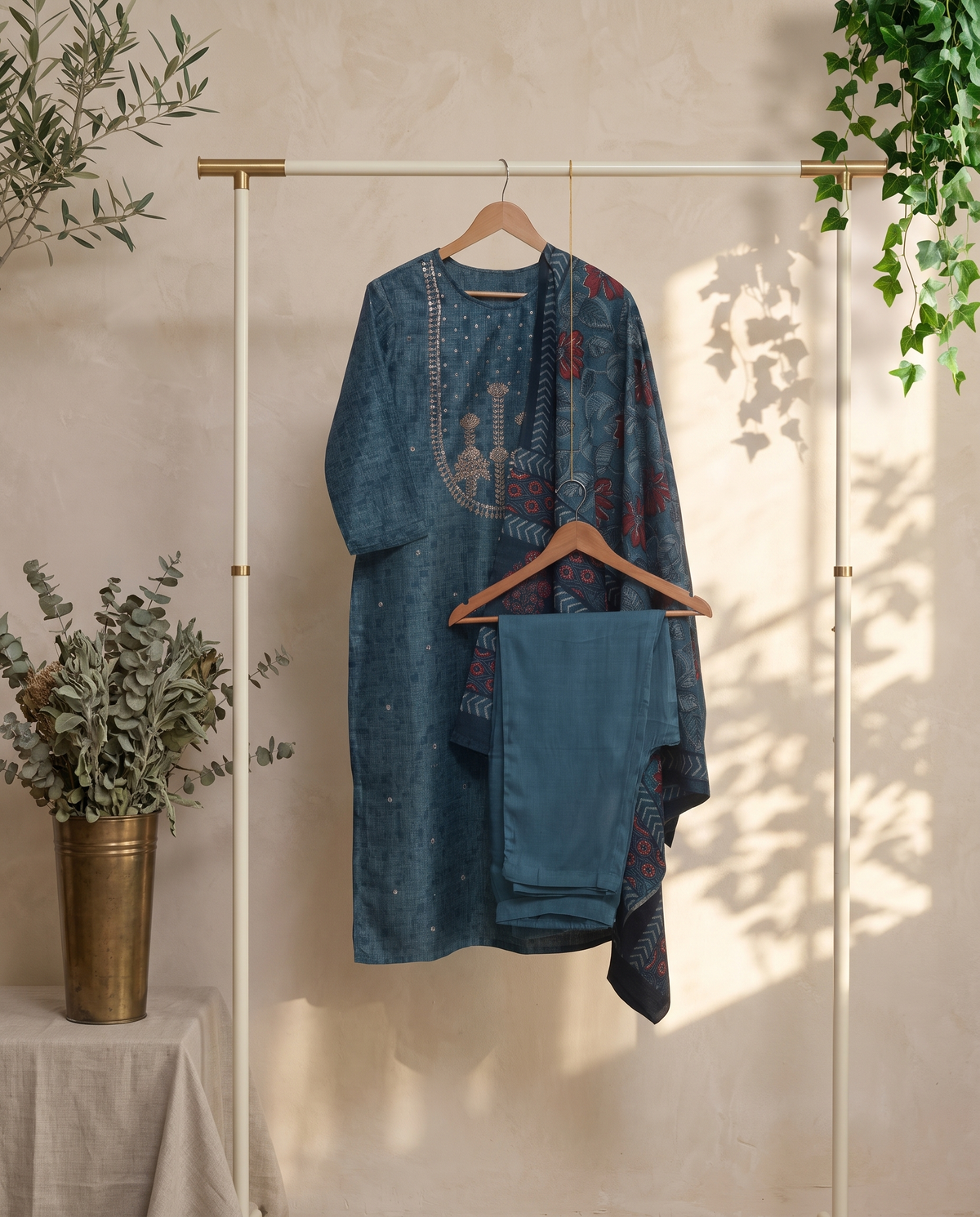 Noor Neelam — deep blue Tussar silk suit with gota patti work — Ivory Hues, Indian ethnic wear Singapore