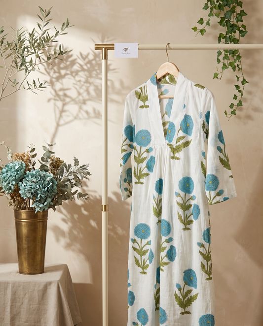 Fiza — white cotton dress with Mughal poppy floral handblock print — Ivory Hues, Indian ethnic wear Singapore
