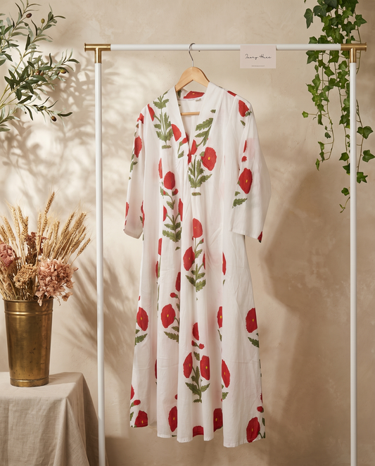 Fiza 3.0 Red Poppy — red poppy-print cotton dress with V-neckline and pockets — Ivory Hues, Indian ethnic wear Singapore