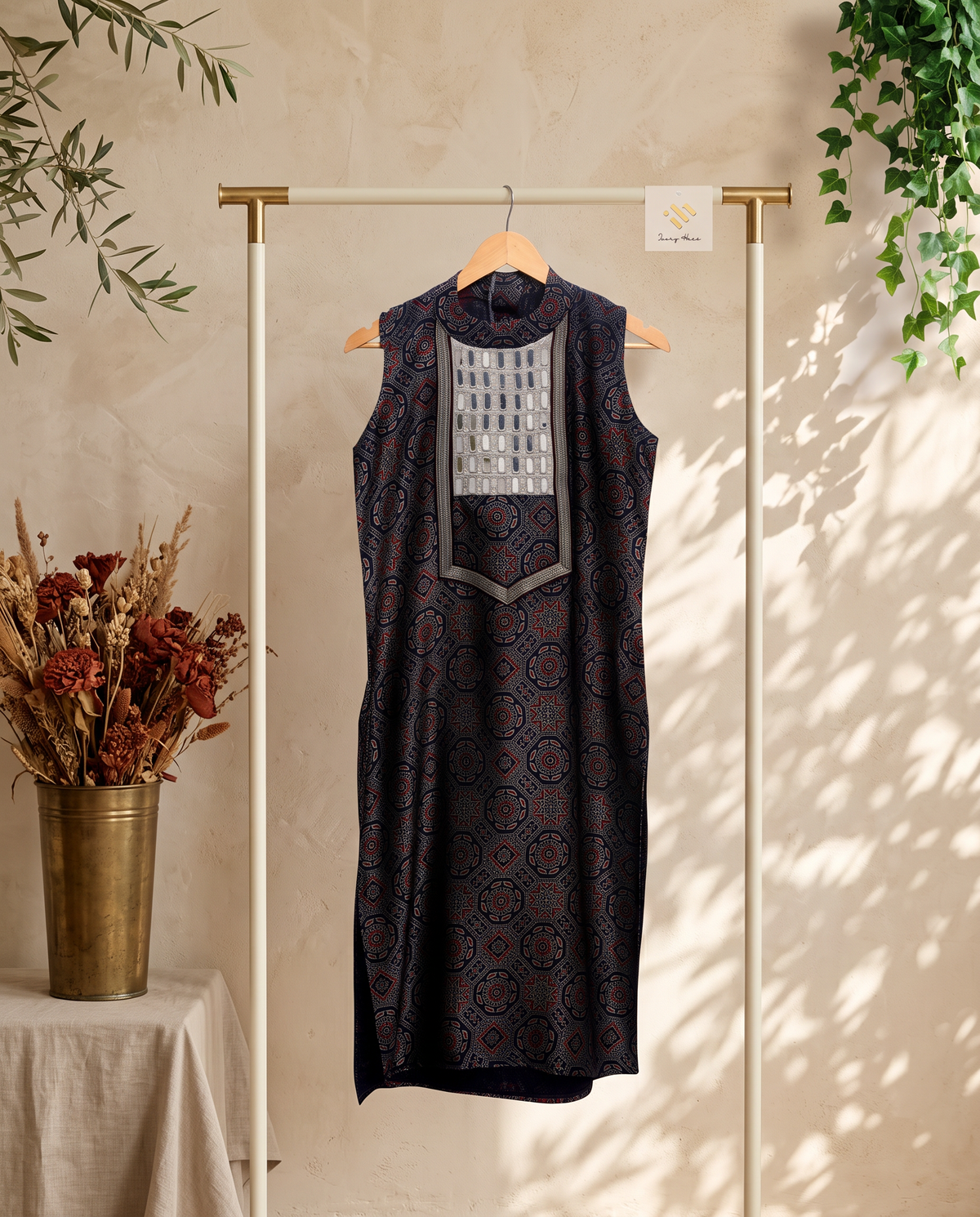 Gulmarg Bana — maroon and navy gajji silk kurti with mirror work collar — Ivory Hues, Indian ethnic wear Singapore