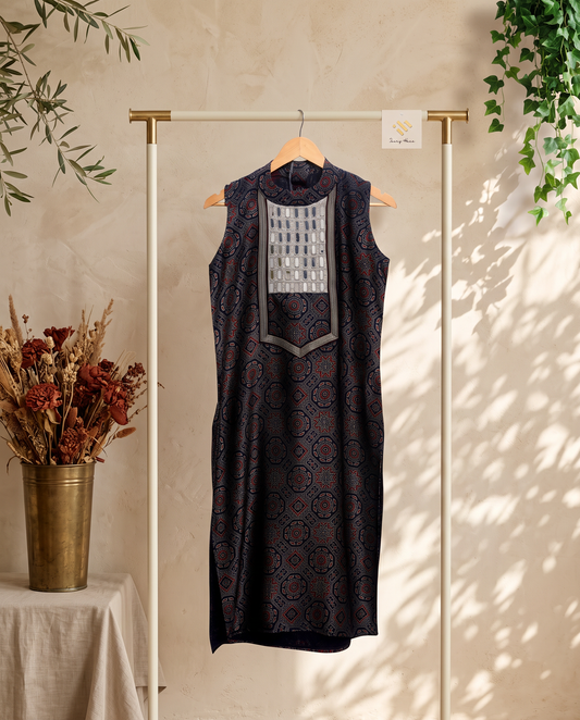 Gulmarg Bana — maroon and navy gajji silk kurti with mirror work collar — Ivory Hues, Indian ethnic wear Singapore