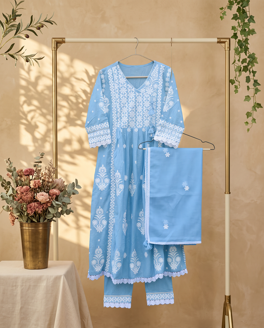Noor Bahar — chalk blue suit with chikankari embroidery and Kota Doria dupatta — Ivory Hues, Indian ethnic wear Singapore