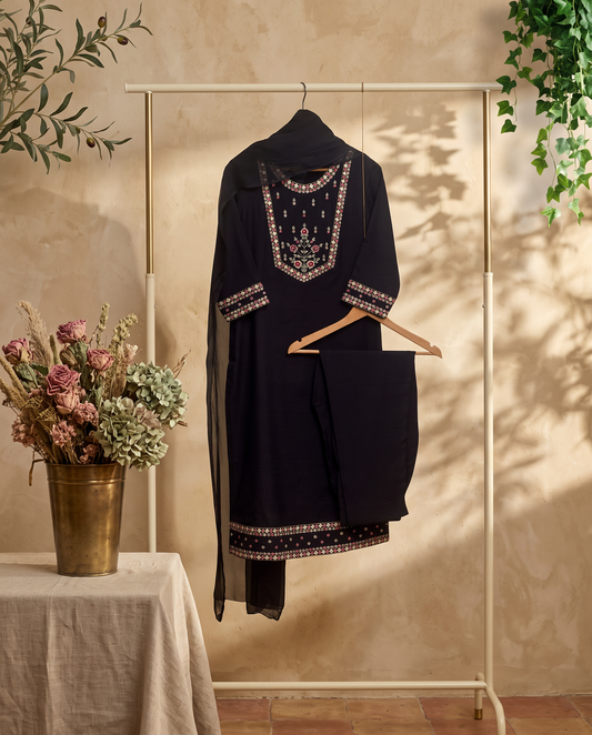Noor Aks — black muslin suit set with floral embroidered placket — Ivory Hues, Indian ethnic wear Singapore