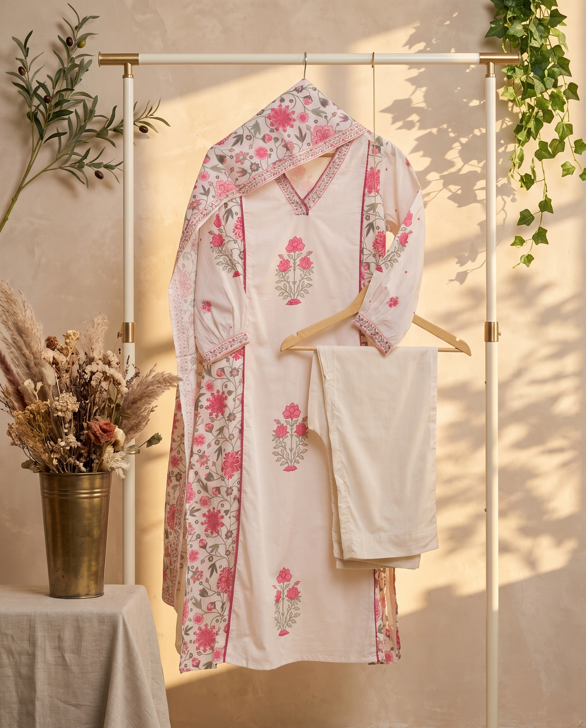 Malhar Chaahat — off-white cotton suit with Mughal butta prints — Ivory Hues, Indian ethnic wear Singapore