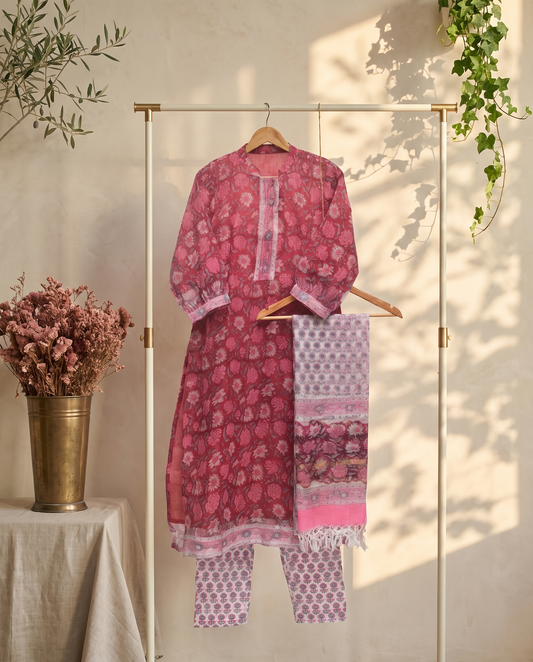 Kota Kainaat Ayra — maroon Kota doria suit with pink floral handblock print — Ivory Hues, Indian ethnic wear Singapore