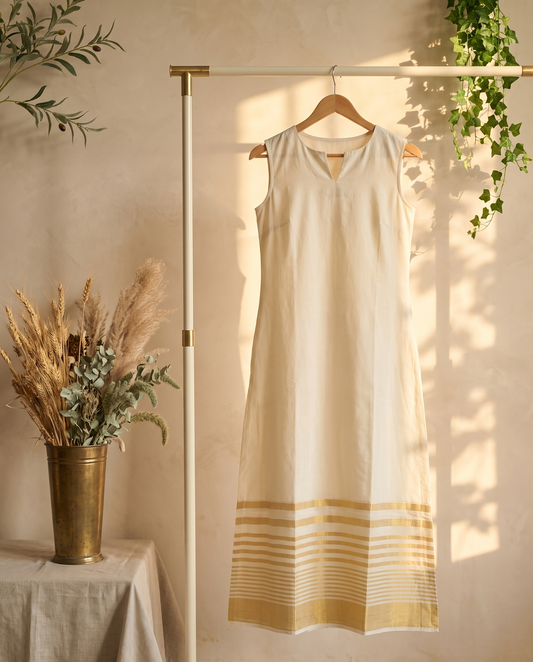 Thulasi — cotton dress with golden kasavu border hem — Ivory Hues, Indian ethnic wear Singapore