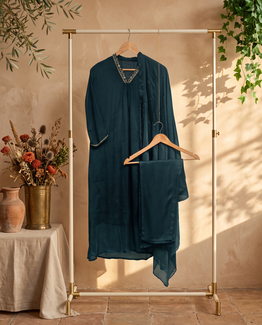 Noor Kamini — deep green chinnon suit with embroidered V-neckline — Ivory Hues, Indian ethnic wear Singapore