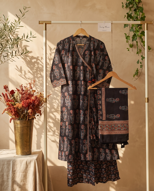 Anokhi Mehek — navy blue cotton suit with angrakha silhouette and handblock print — Ivory Hues, Indian ethnic wear Singapore