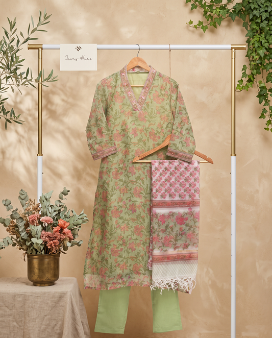 Kota Kainaat Naaz — sage green Kota doria suit with pink-peach floral print — Ivory Hues, Indian ethnic wear Singapore
