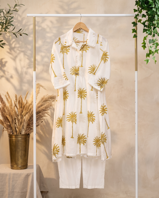 Meher Aabroo — mul cotton co-ord set with tropical print and lace trim — Ivory Hues, Indian ethnic wear Singapore