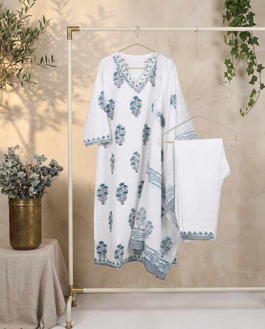 Malhar Jharoka — white cotton suit with blue floral block print — Ivory Hues, Indian ethnic wear Singapore