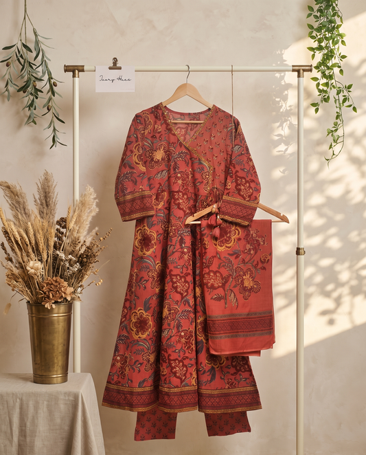 Anokhi Sukun — rust red cotton suit with handblock print and angrakha wrap — Ivory Hues, Indian ethnic wear Singapore