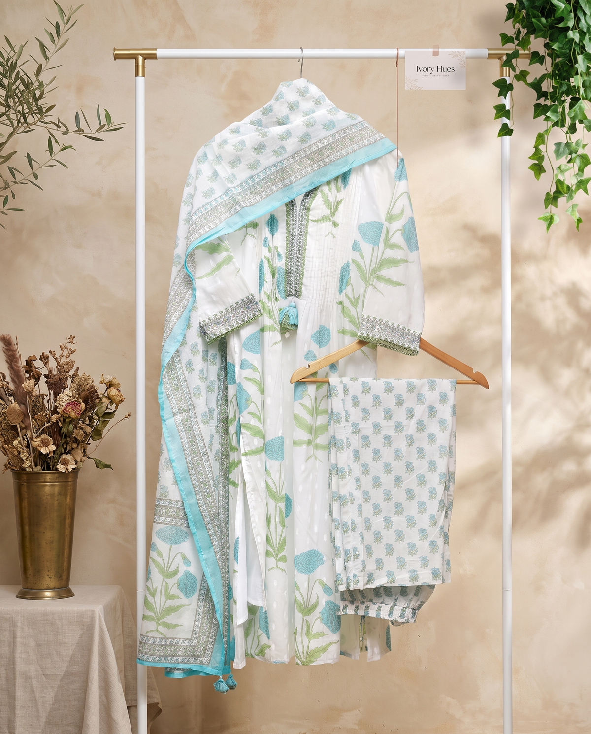 Malhar Geet — white cotton suit with pastel green and blue handblock motifs — Ivory Hues, Indian ethnic wear Singapore