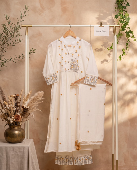 Anokhi Phoolwari — white cotton suit with floral embroidery — Ivory Hues, Indian ethnic wear Singapore