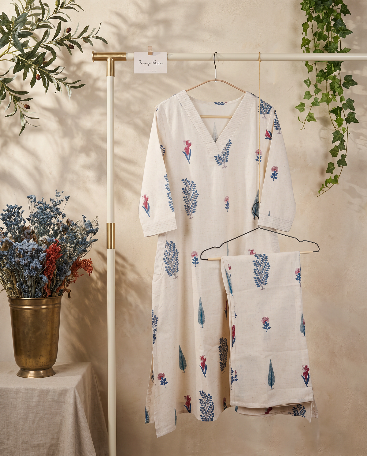 Meher Anya — ivory linen co-ord set with Mughal motif prints — Ivory Hues, Indian ethnic wear Singapore
