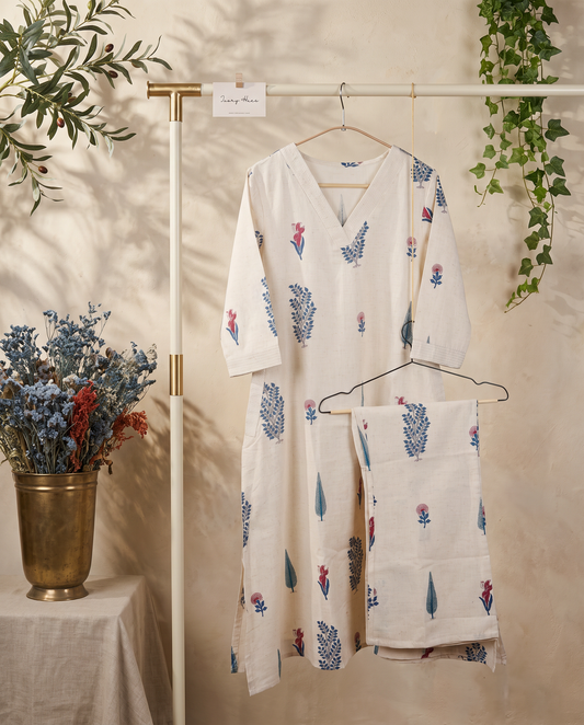 Meher Anya — ivory linen co-ord set with Mughal motif prints — Ivory Hues, Indian ethnic wear Singapore
