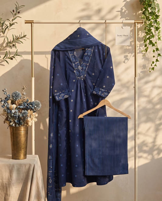 Anokhi Neelima — navy blue cotton suit with butta prints and palazzo pants — Ivory Hues, Indian ethnic wear Singapore
