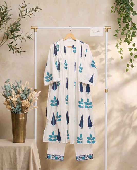 Meher Baadal — white cotton co-ord set with blue Mughal-inspired print — Ivory Hues, Indian ethnic wear Singapore