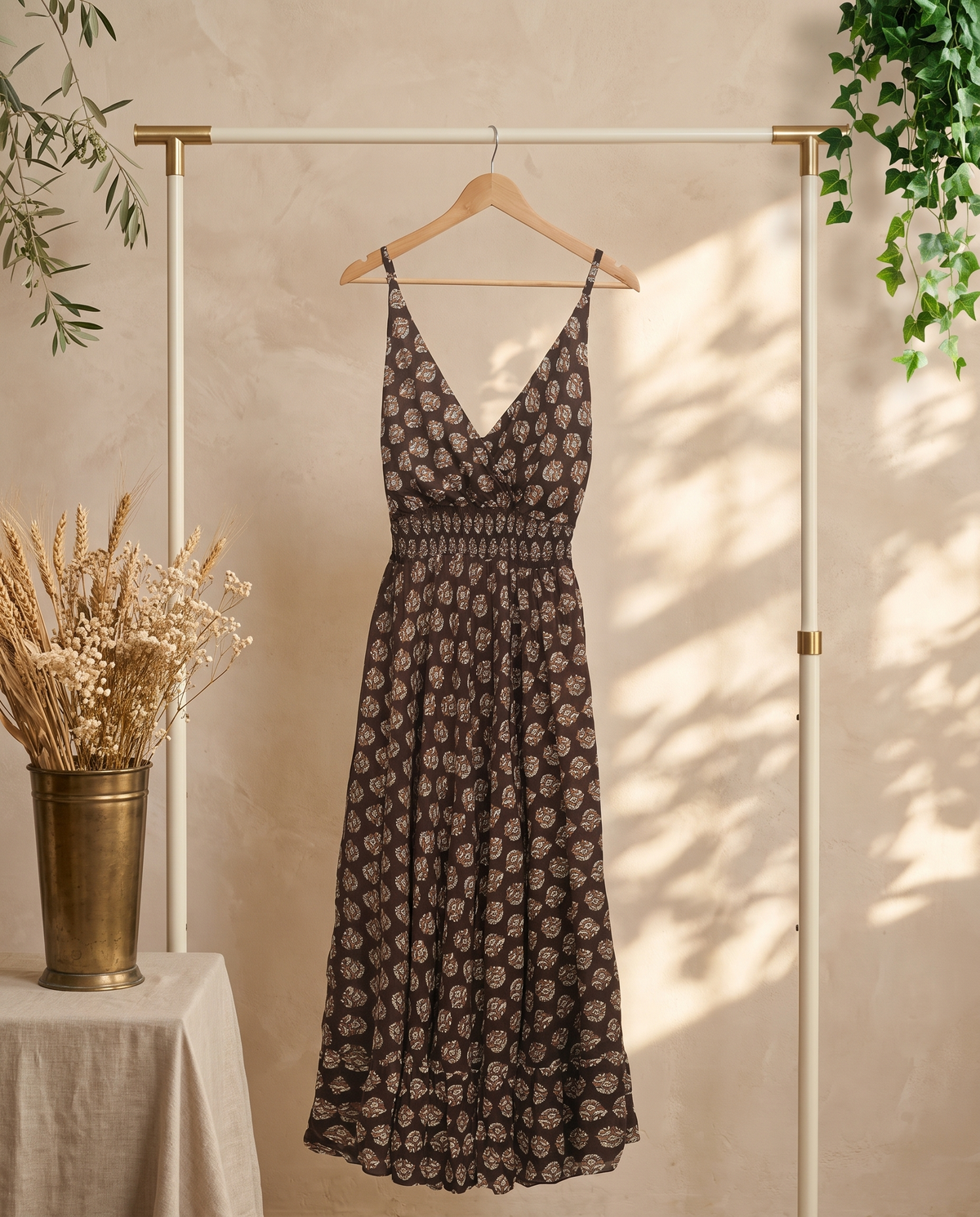 Leher Chaandni — coffee-brown hand block-print dress with strappy shoulders — Ivory Hues, Indian ethnic wear Singapore