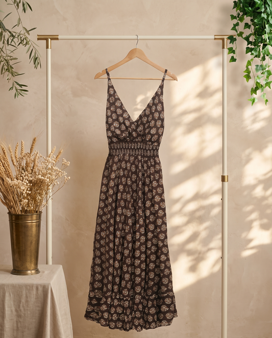 Leher Chaandni — coffee-brown hand block-print dress with strappy shoulders — Ivory Hues, Indian ethnic wear Singapore