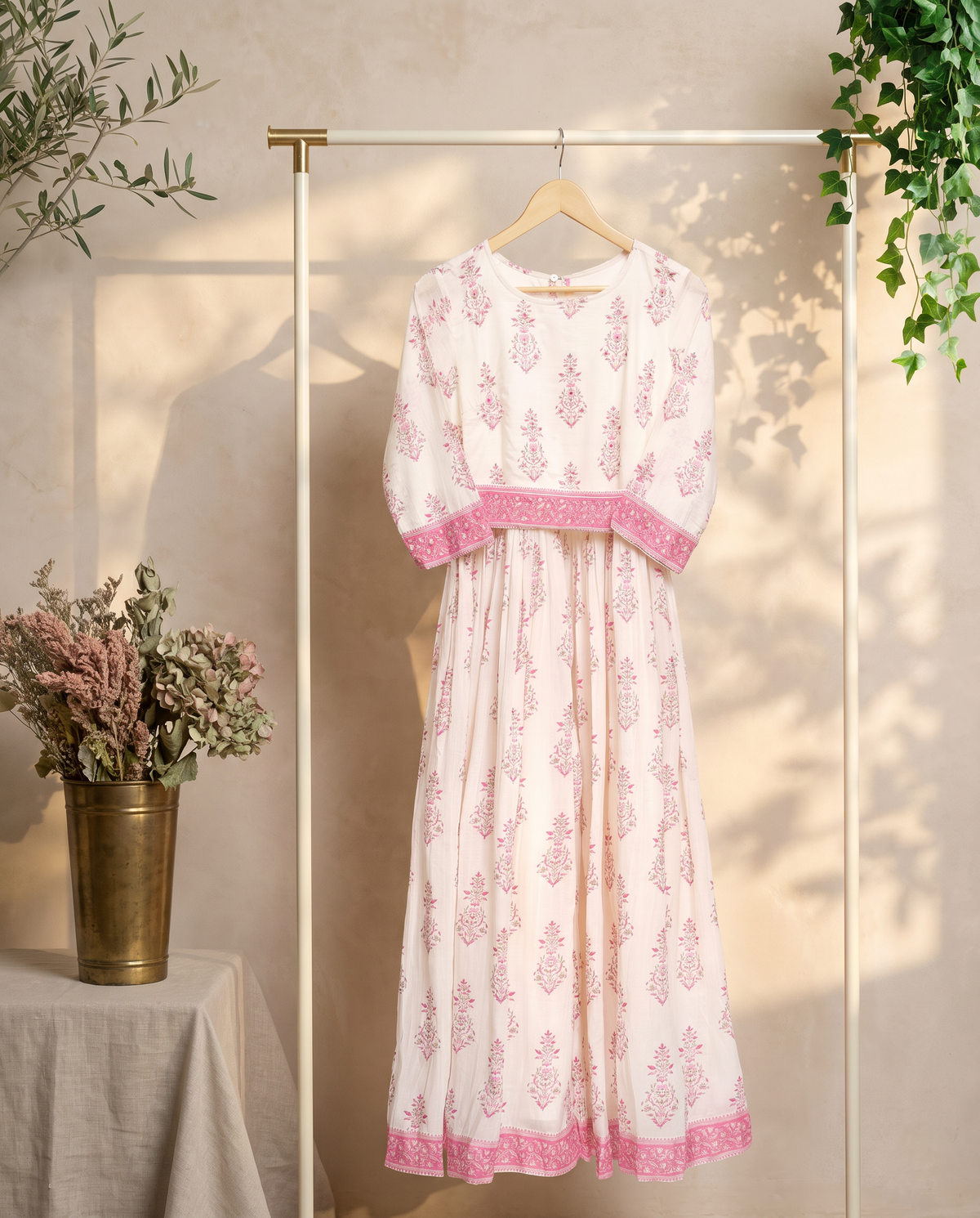 Leher Roohi — cotton jumpsuit with baby pink handblock print and waist belt — Ivory Hues, Indian ethnic wear Singapore