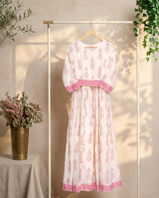 Leher Roohi — cotton jumpsuit with baby pink handblock print and waist belt — Ivory Hues, Indian ethnic wear Singapore