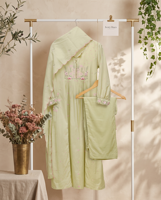 Anokhi Rimjhim — pista green mul cotton suit with embroidered yoke — Ivory Hues, Indian ethnic wear Singapore