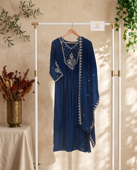 Noor Amara — navy blue mul Chanderi suit with embroidered neckline — Ivory Hues, Indian ethnic wear Singapore