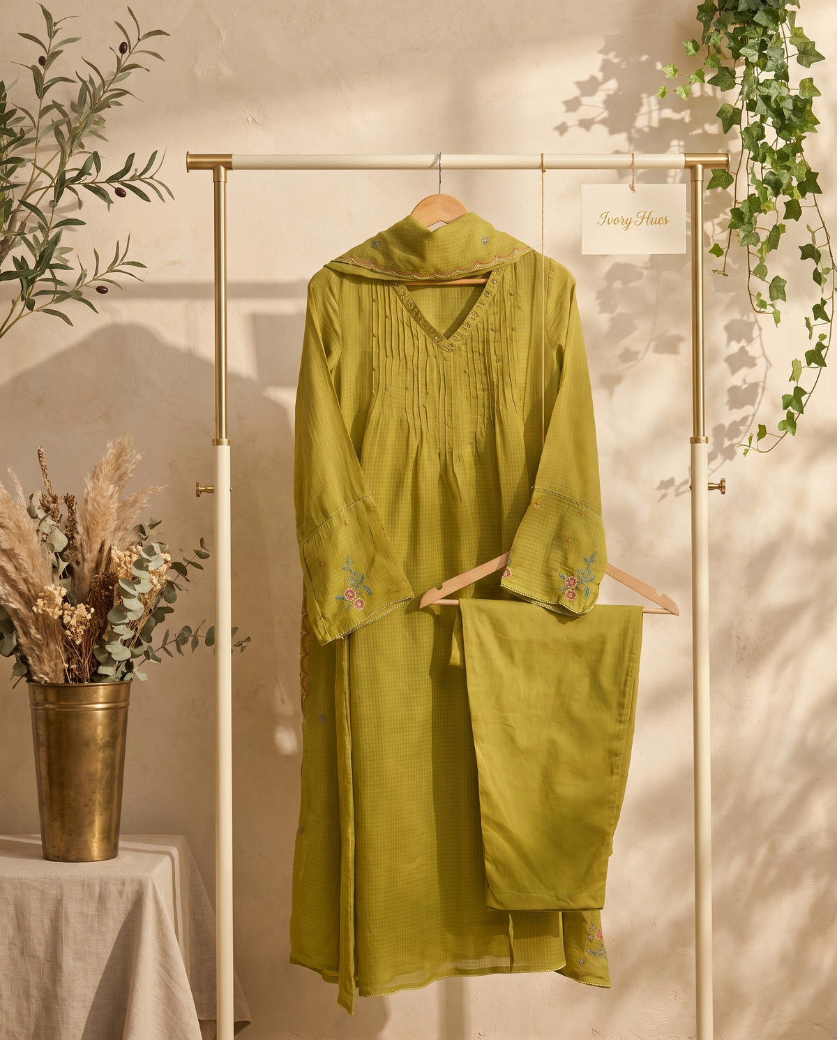 Kota Kainaat Pankhudi — apple green Kota Doria suit with bead and sequin detail — Ivory Hues, Indian ethnic wear Singapore