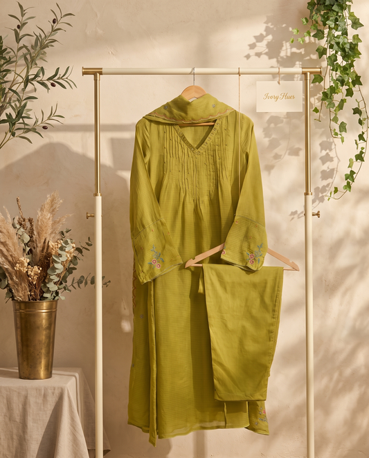 Kota Kainaat Pankhudi — apple green Kota Doria suit with bead and sequin detail — Ivory Hues, Indian ethnic wear Singapore