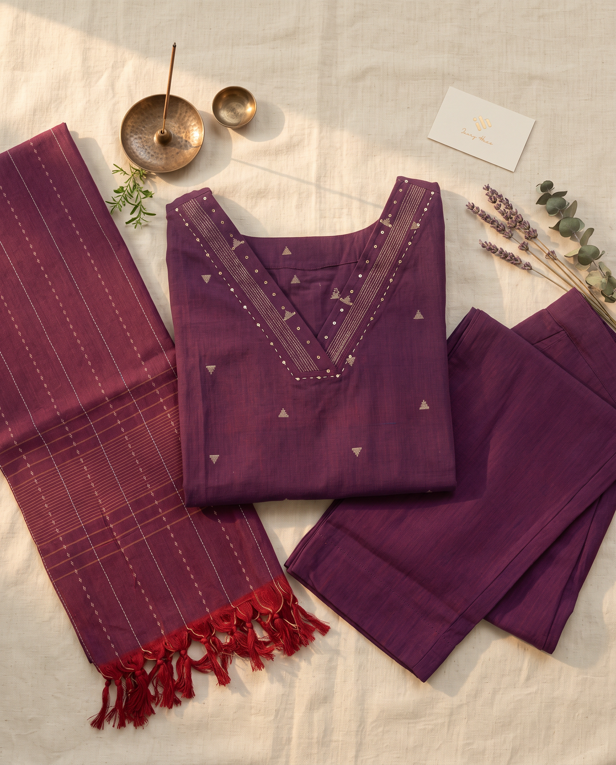 Anokhi Dhaaga — deep purple handloom cotton suit with woven gold prints — Ivory Hues, Indian ethnic wear Singapore