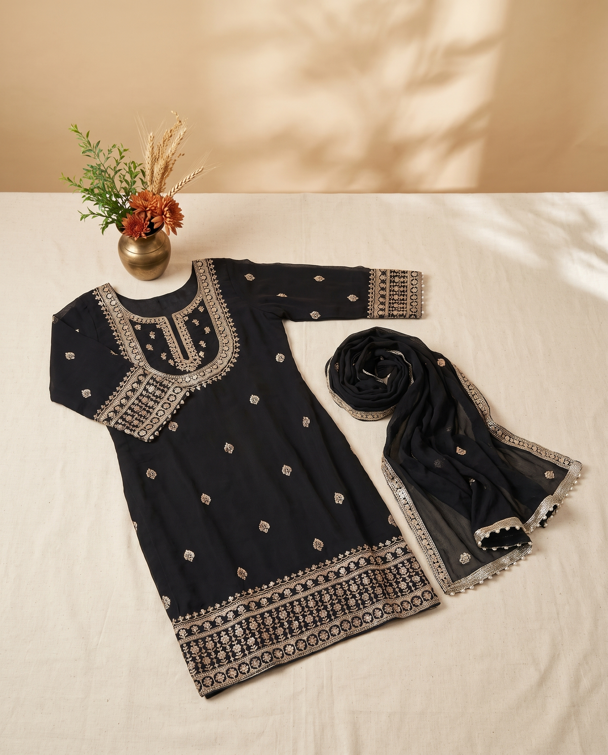 Noor Noir — black sleeveless suit with sharara pants and golden buttas — Ivory Hues, Indian ethnic wear Singapore