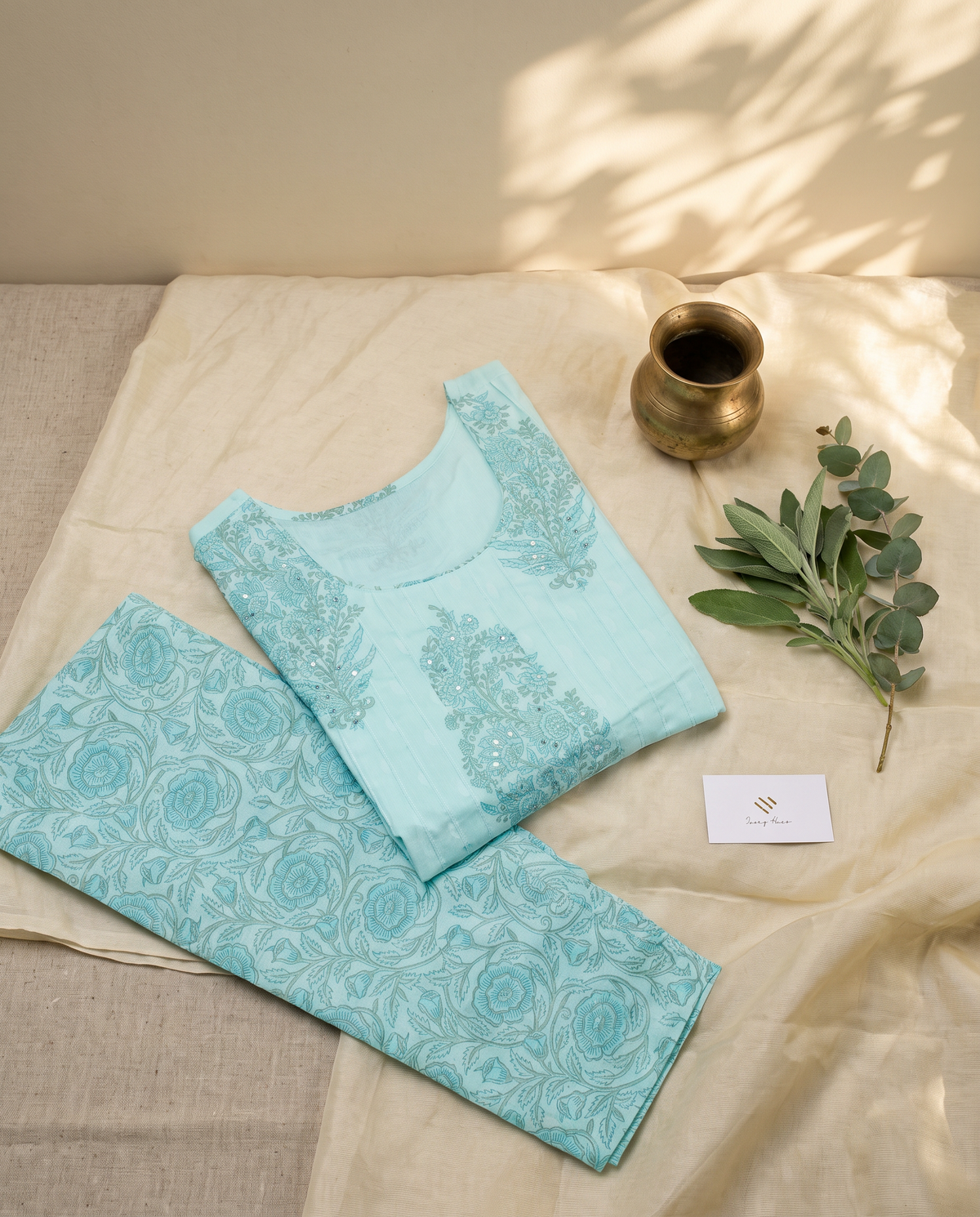 Anokhi Abha — powder blue suit with Mughal-inspired handblock print — Ivory Hues, Indian ethnic wear Singapore