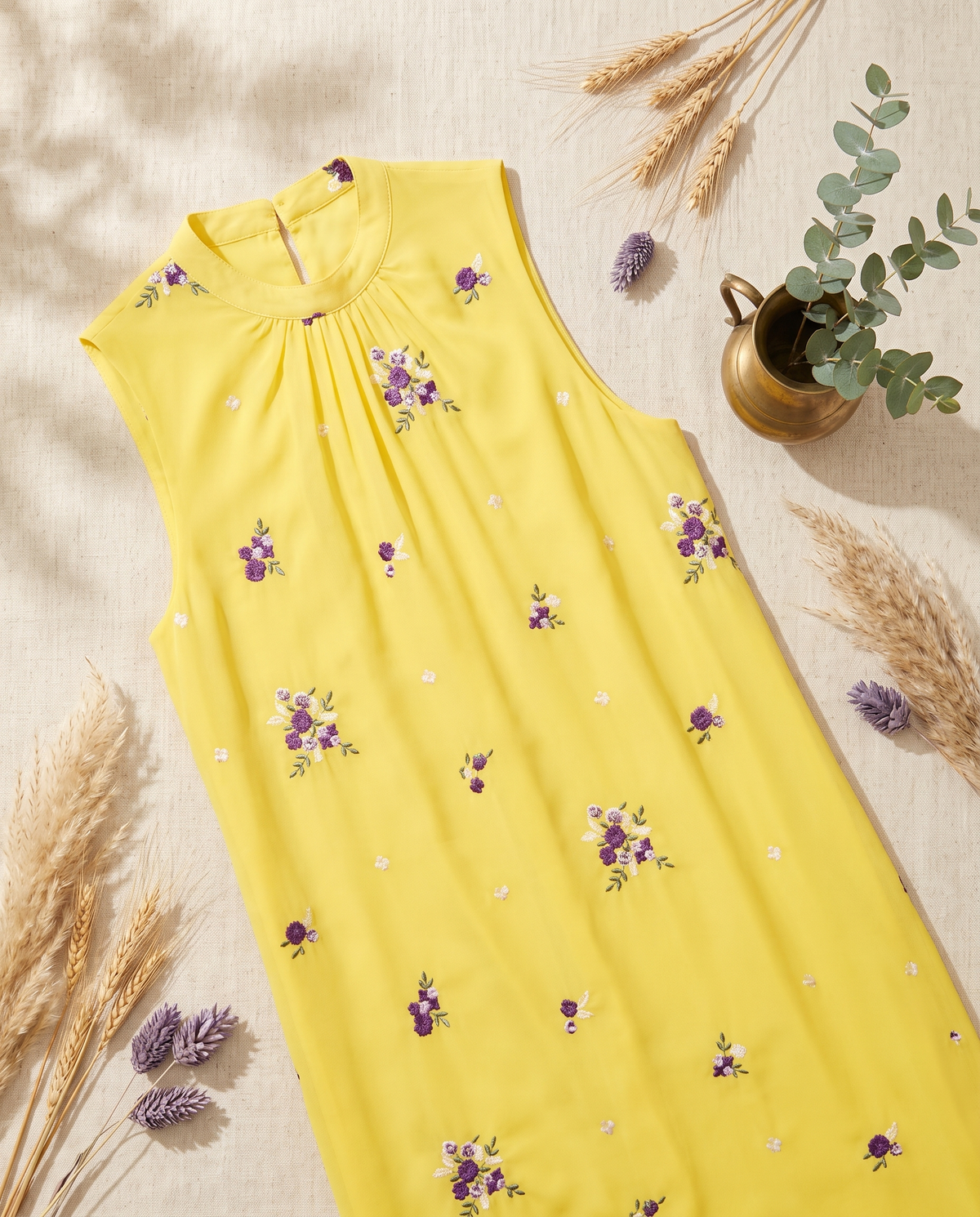 Raahi Umang — sunshine yellow Mul Chanderi shift dress, styled flatlay — Ivory Hues, Indian ethnic wear Singapore