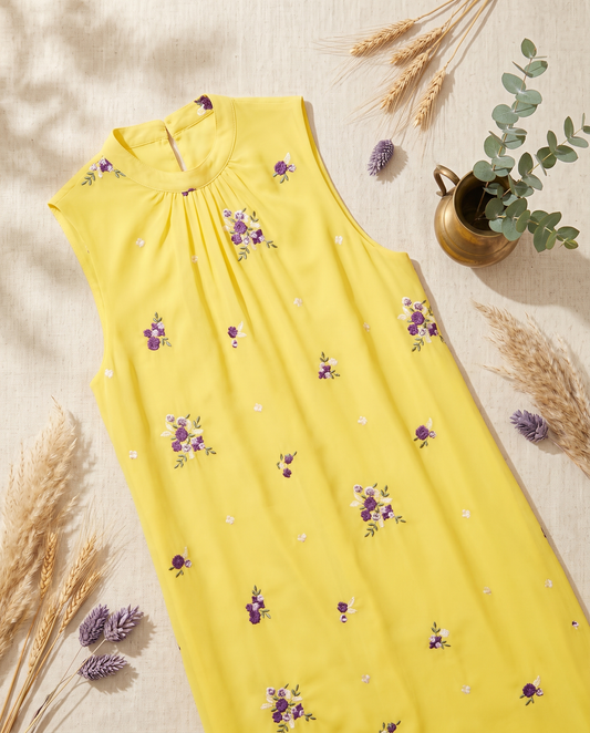 Raahi Umang — sunshine yellow Mul Chanderi shift dress, styled flatlay — Ivory Hues, Indian ethnic wear Singapore