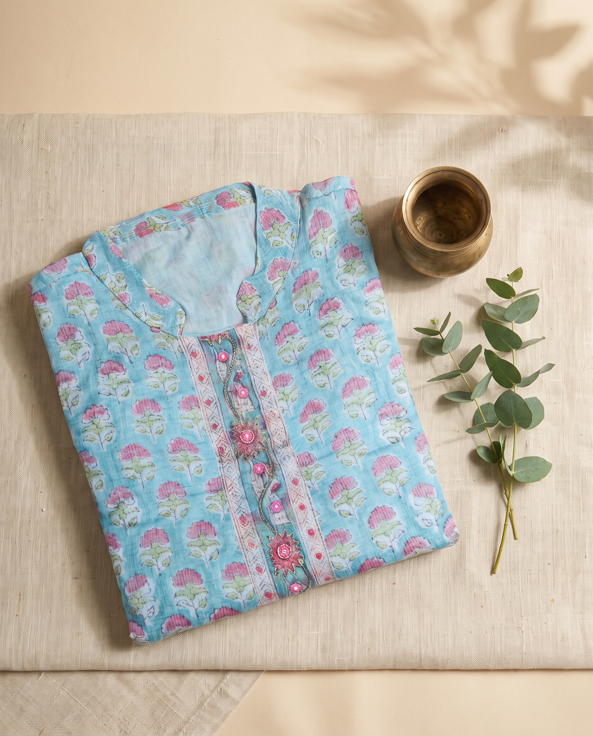 Kota Kainaat Mishti — baby blue and pink Kota Doria suit with floral prints — Ivory Hues, Indian ethnic wear Singapore