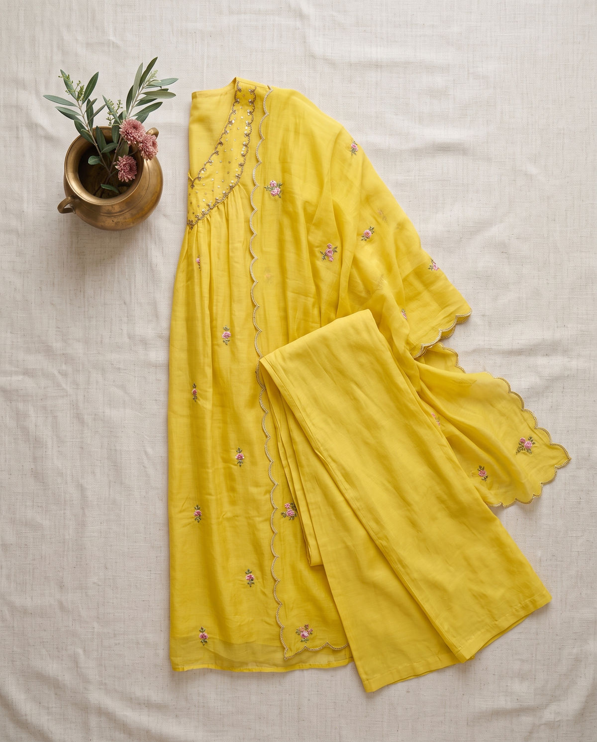 Noor Zoya — yellow mul Chanderi suit with embroidered neckline — Ivory Hues, Indian ethnic wear Singapore