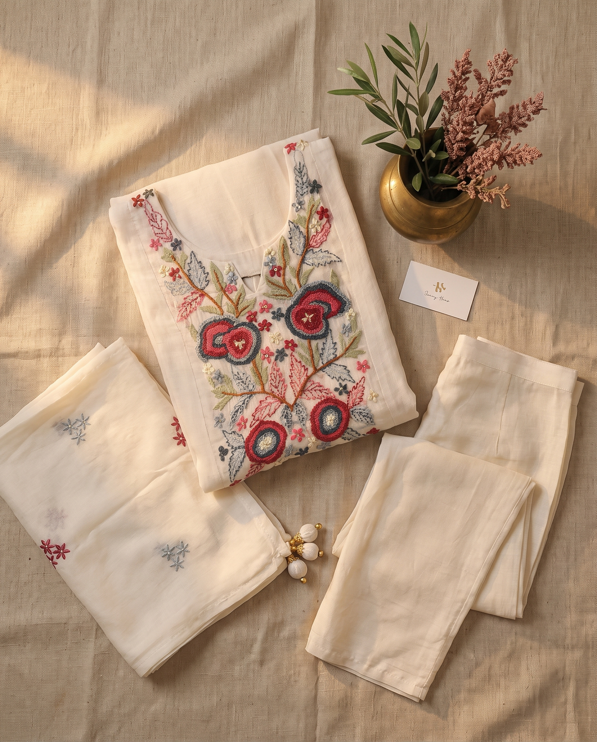 Noor Safa — off-white mul Chanderi suit with contrast embroidered neckline — Ivory Hues, Indian ethnic wear Singapore