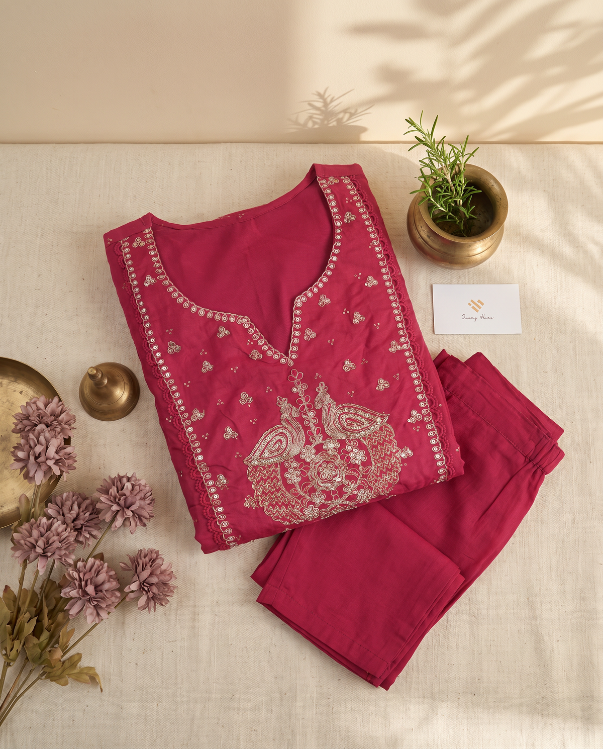 Anokhi Mayuri — raspberry cotton suit set with peacock embroidery neckline — Ivory Hues, Indian ethnic wear Singapore