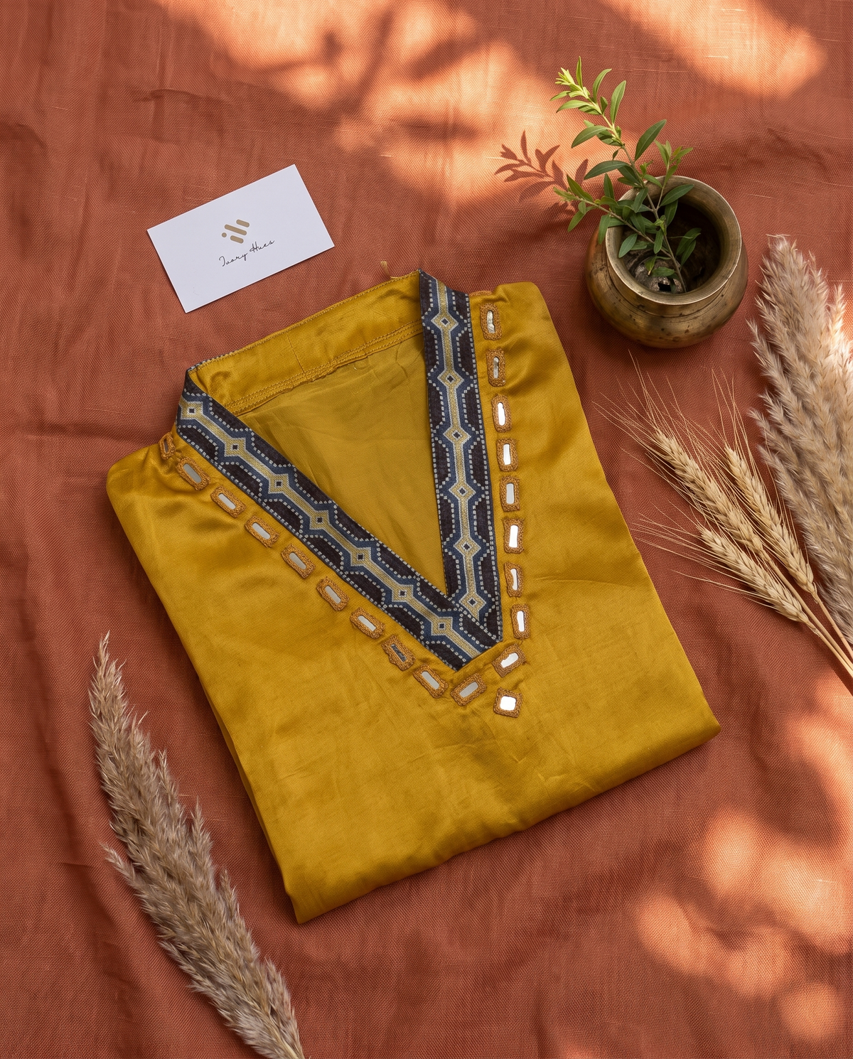 Gulmarg Tarang — yellow gajji silk kurti with mirror-work neckline — Ivory Hues, Indian ethnic wear Singapore