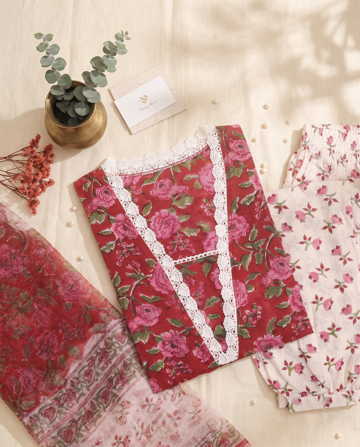 Kota Kainaat Noorani — red cotton suit with pink floral print and Kota Doria dupatta — Ivory Hues, Indian ethnic wear Singapore