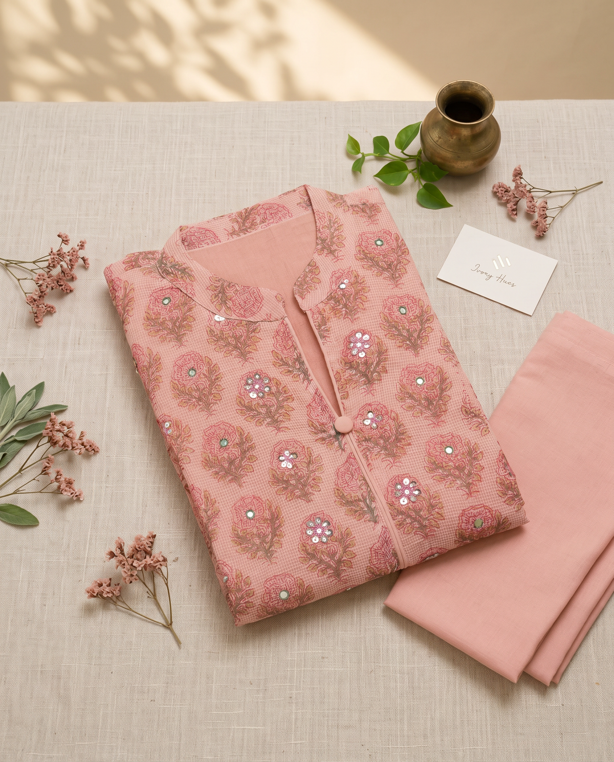Kota Kainaat Aaliya — peach Kota doria suit with floral handblock print — Ivory Hues, Indian ethnic wear Singapore