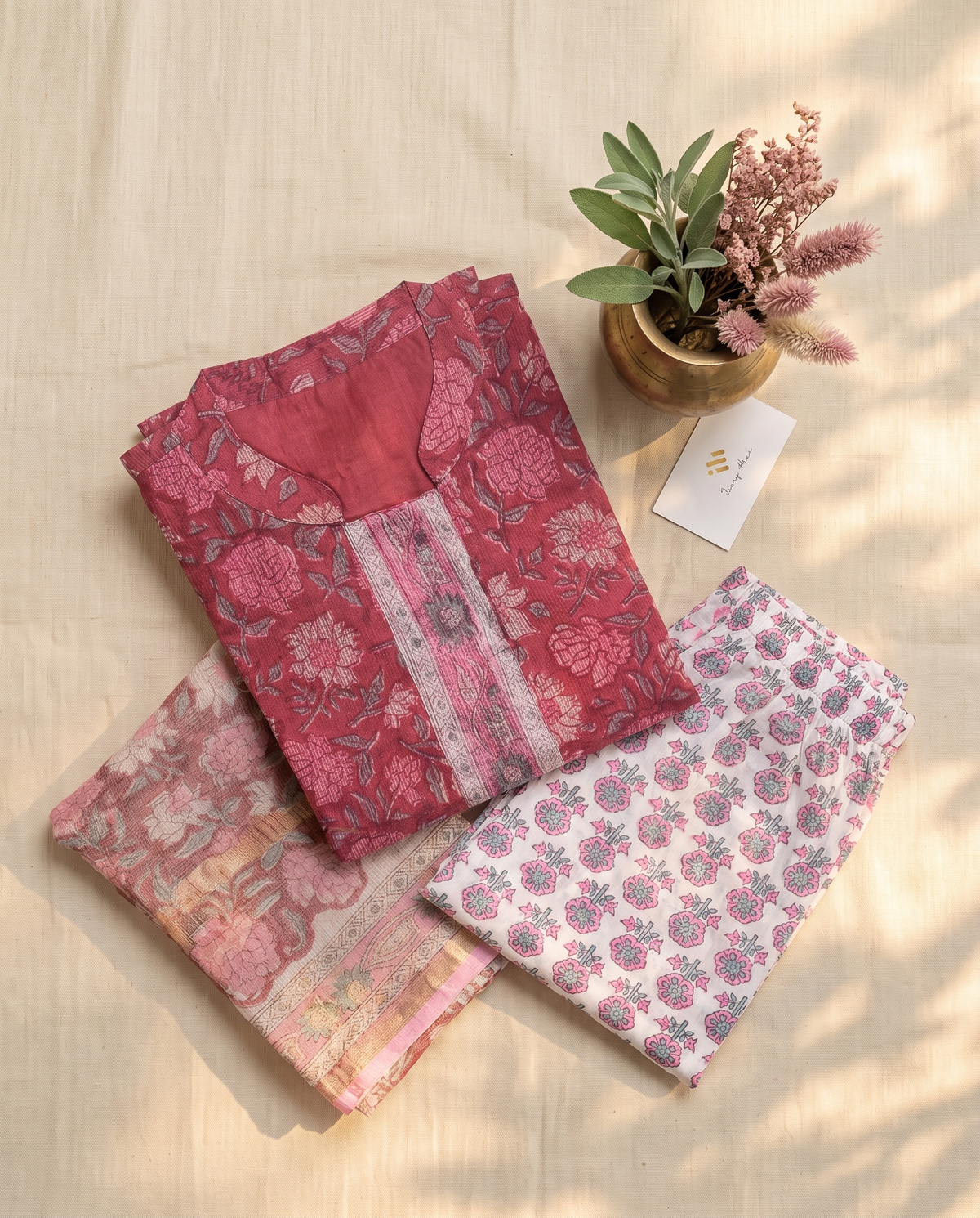 Kota Kainaat Ayra — maroon Kota doria suit with pink floral handblock print — Ivory Hues, Indian ethnic wear Singapore